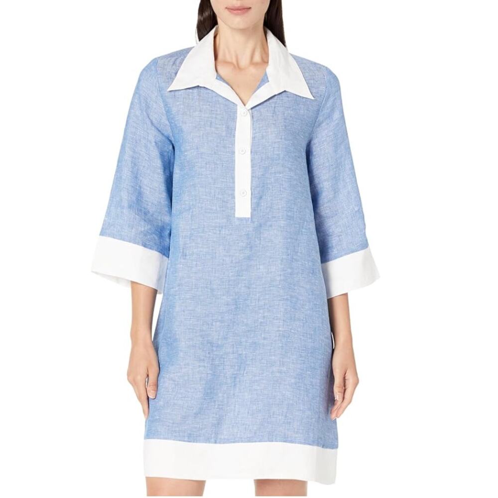 Karen Kane Linen Shirt Dress Blue White Striped Boxy Fit Women’s L - Picture 8 of 8